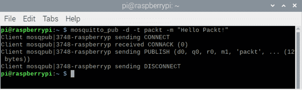 Figure 10.12 – Publishing a message to Mosquitto with the topic packt 