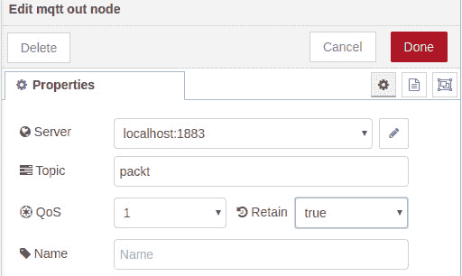 Figure 10.14 – Setting the properties of the mqtt out node 