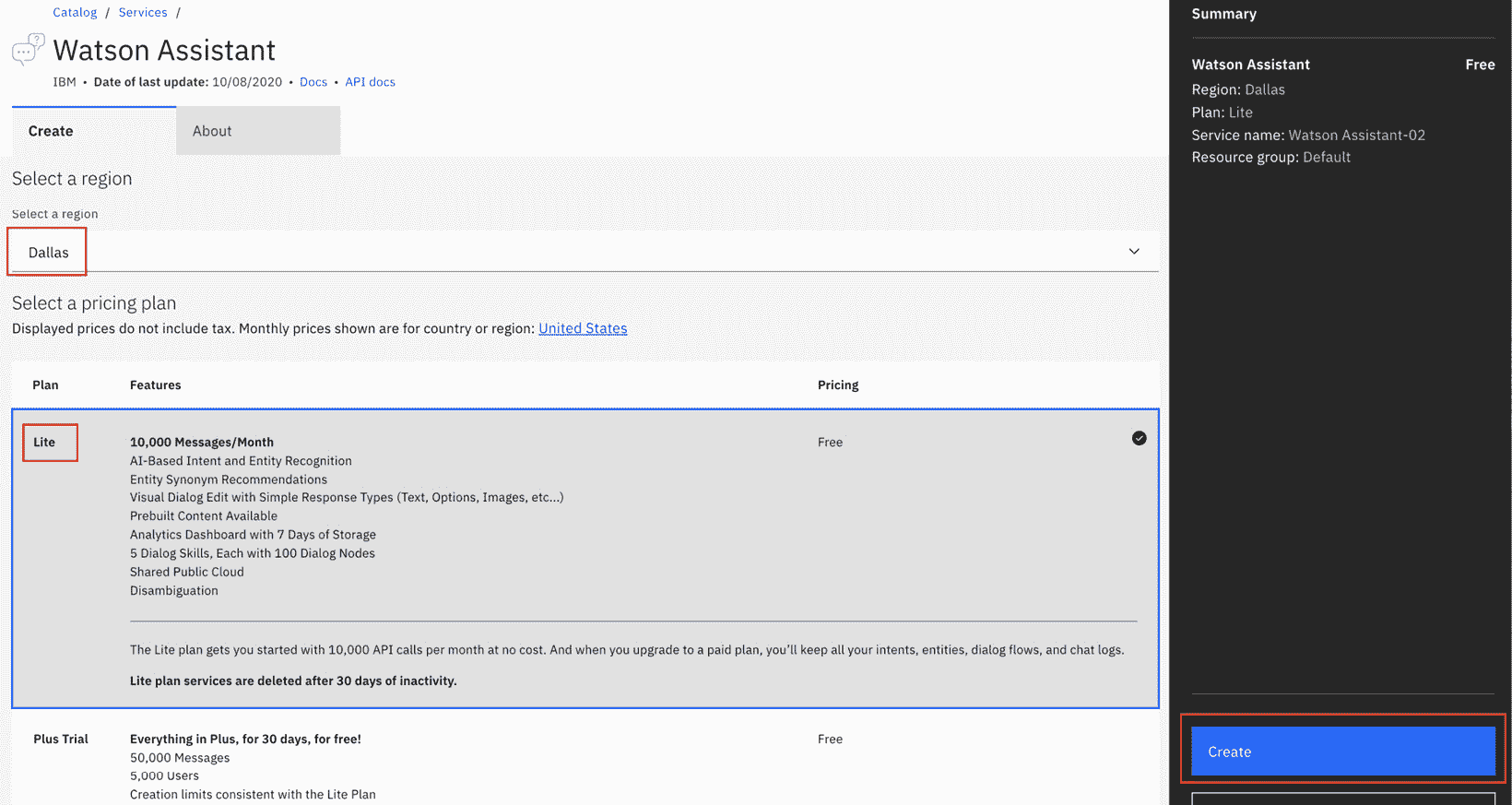 Figure 12.11 – Create a Watson Assistant service 