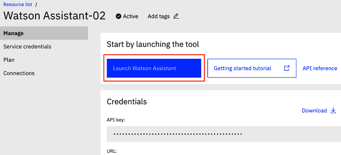 Figure 12.12 – Launch the Watson Assistant console 