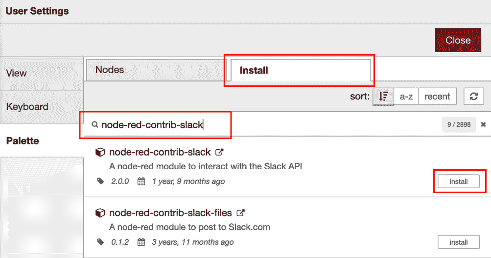 Figure 12.23 – Install the node-red-contrib-slack node 