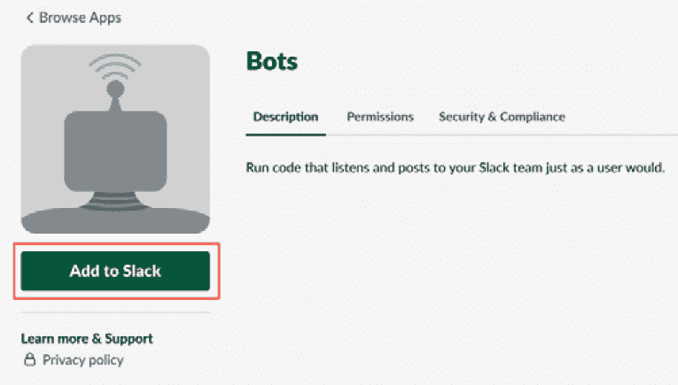 Figure 12.29 – Add the Bots app to your workspace 