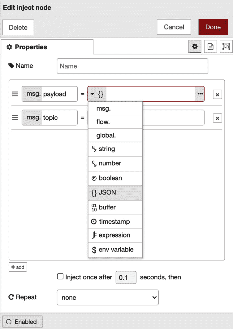 Figure 3.5 – Edit inject node Properties panel 