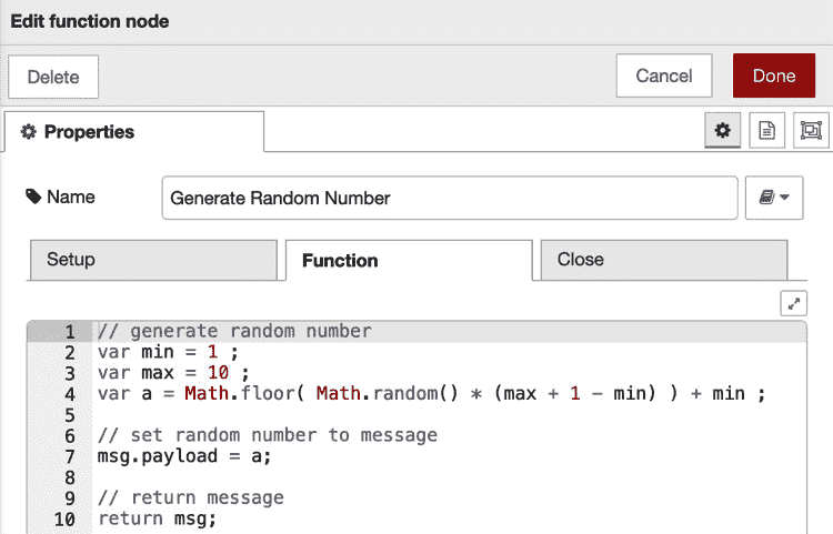 Figure 4.7 – Function node settings