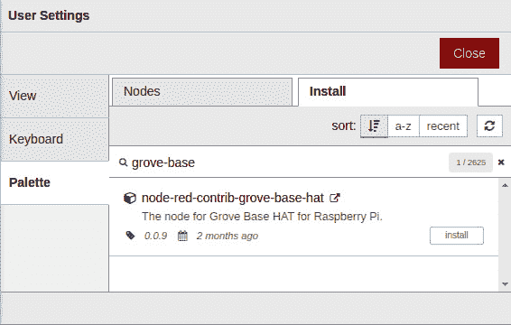 Figure 5.16 – Installing the node-red-contrib-grove-base-hat node 