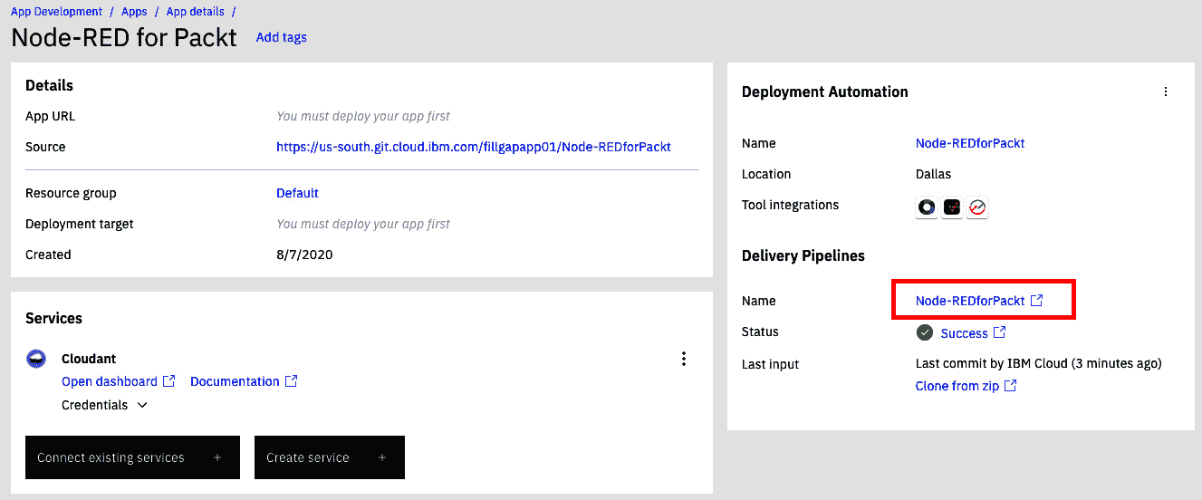 Figure 6.10 – Checking the status of Node-RED and moving to the Pipeline tool 