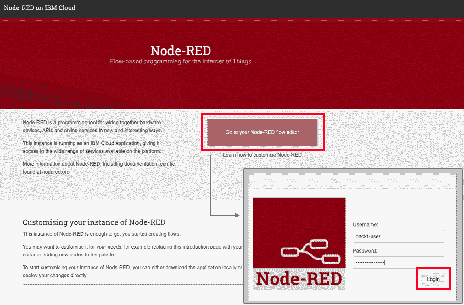 Figure 6.14 – Logging into your Node-RED flow editor 