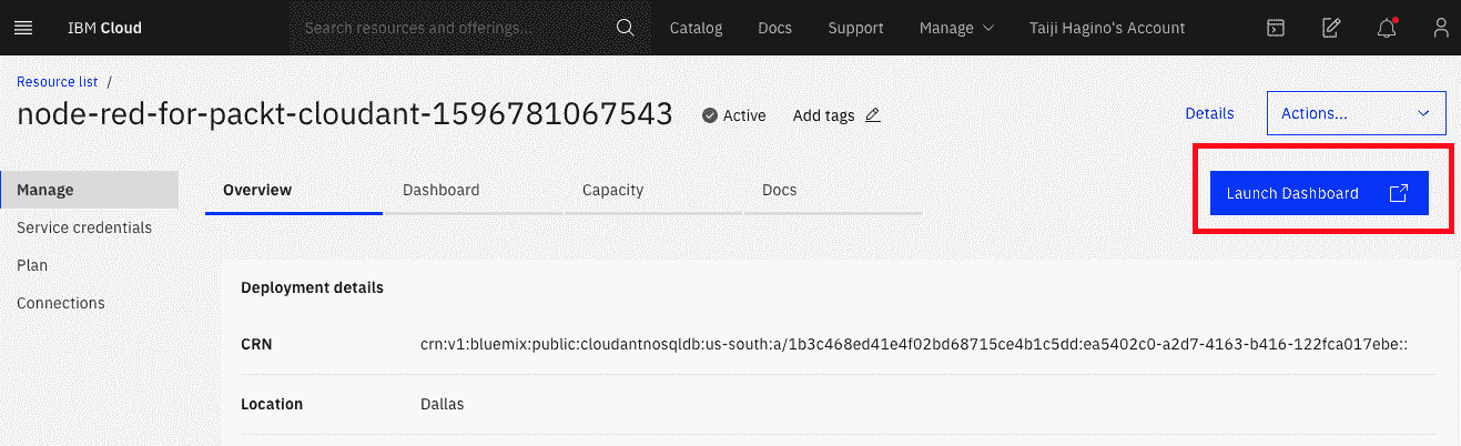 Figure 6.28 – Launching the Cloudant dashboard 