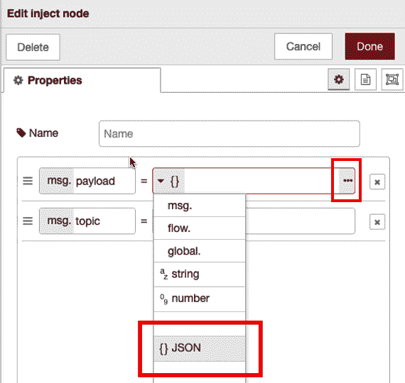 Figure 6.32 – JSON on the first parameter of the inject node 