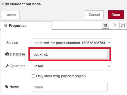 Figure 6.34 – Setting the database name on the cloudant out node 