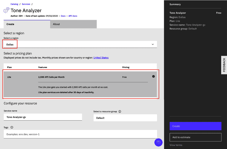  Figure 7.16 – Creating a Tone Analyzer service 