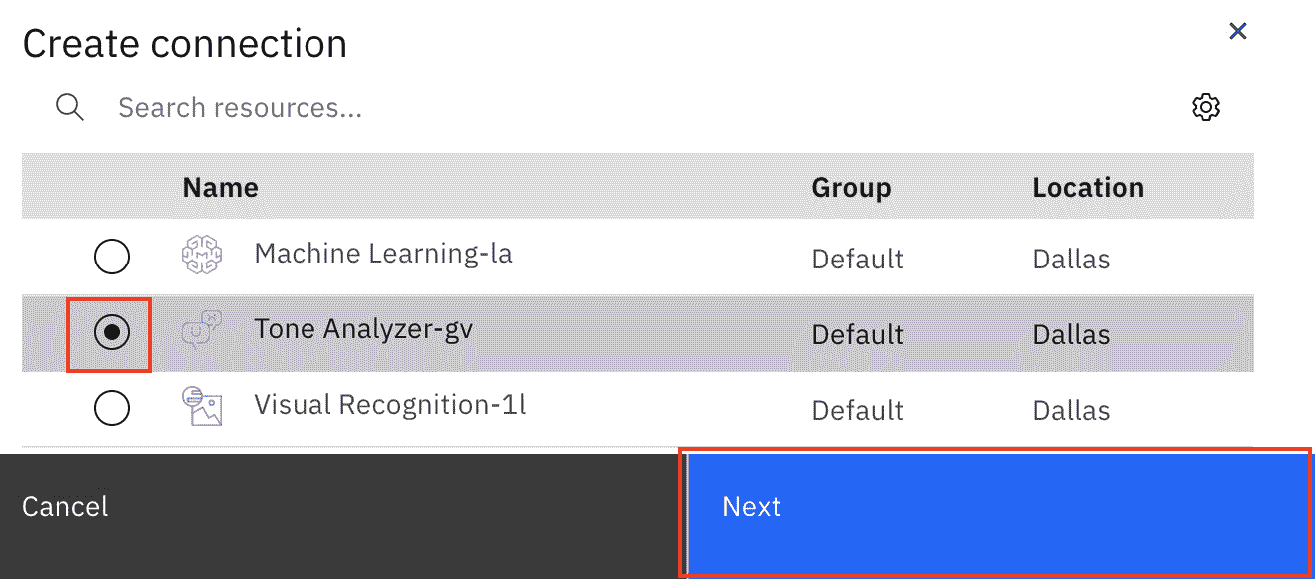 Figure 7.20 – Clicking the Next button to select the connecting service 