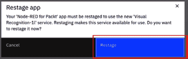 Figure 7.22 – Clicking the Restage button to start restaging the Node-RED service 