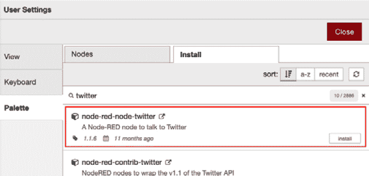 Figure 7.24 – Installing node-red-node-twitter 