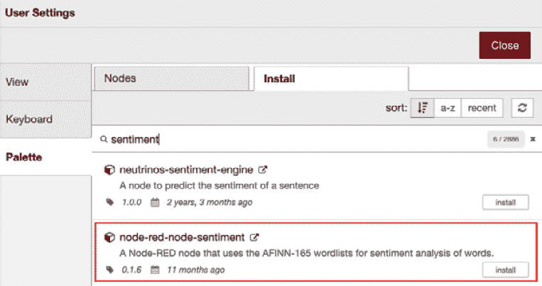 Figure 7.25 – Installing node-red-node-sentiment 