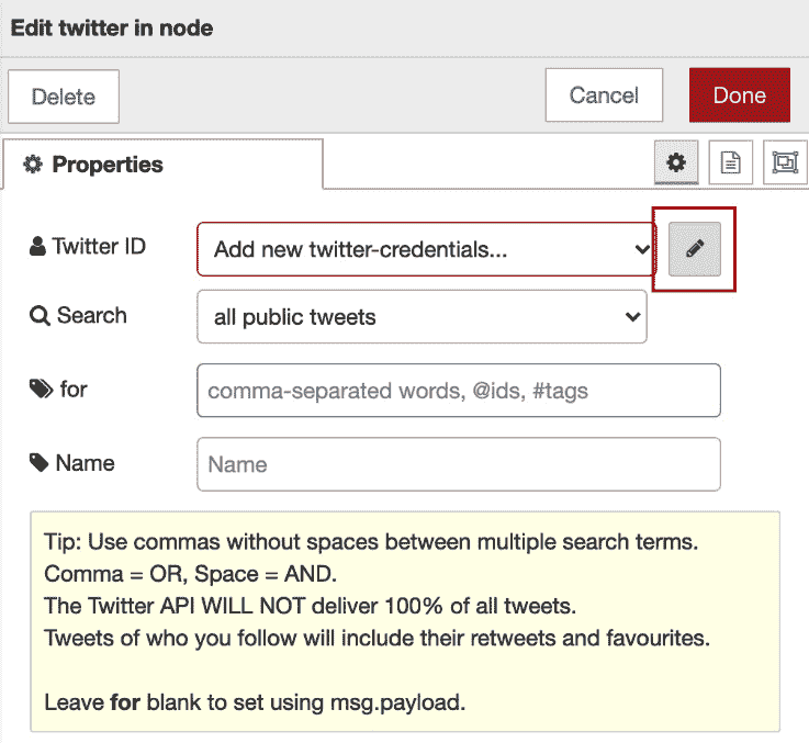 Figure 7.31 – Editing the Twitter properties 