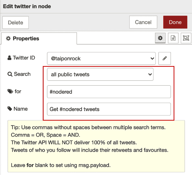 Figure 7.33 – Finalizing the settings of the twitter in node 