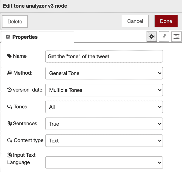 Figure 7.36 – Configuring the tone analyzer v3 node properties 